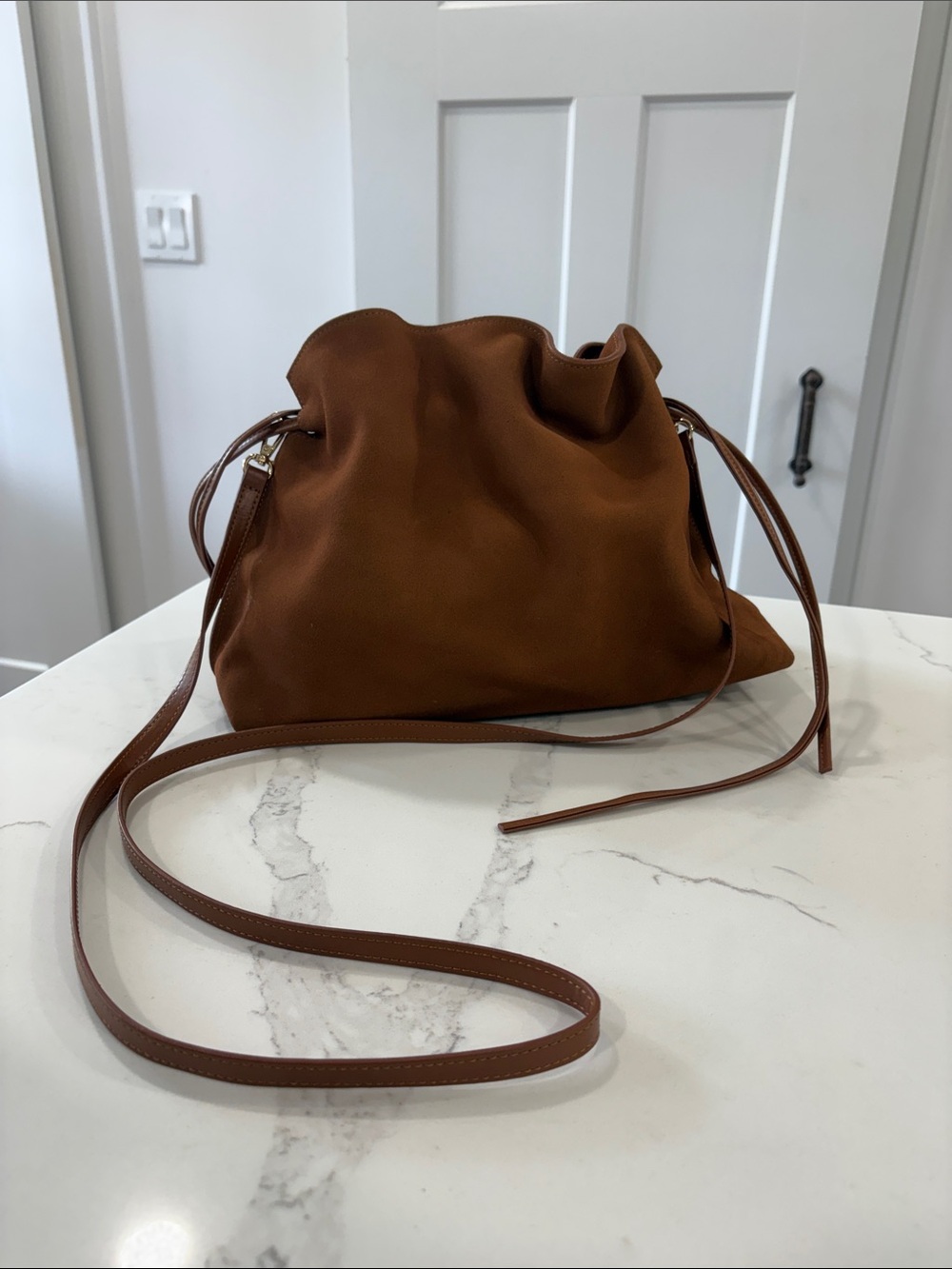 Ann Taylor Cognac Brown Suede Drawstring Shoulder Bag Purse